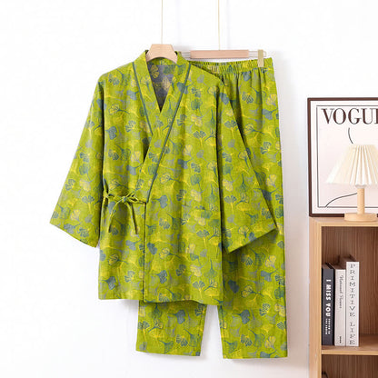 Set pigiama da casa in cotone con kimono a forma di foglia di ginkgo - Verde - XL - image 0