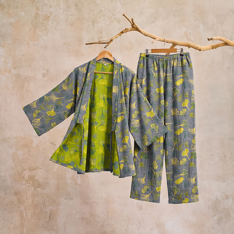 Set pigiama da casa in cotone con kimono a forma di foglia di ginkgo - image 10
