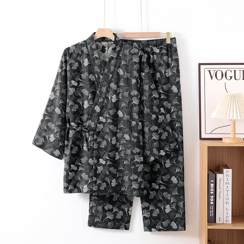 Completo da casa in cotone a maniche lunghe con stampa a foglie di ginkgo - Nero - XL - image 0