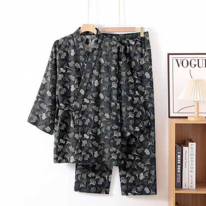 Completo da casa in cotone a maniche lunghe con stampa a foglie di ginkgo - Nero - XL - image 0