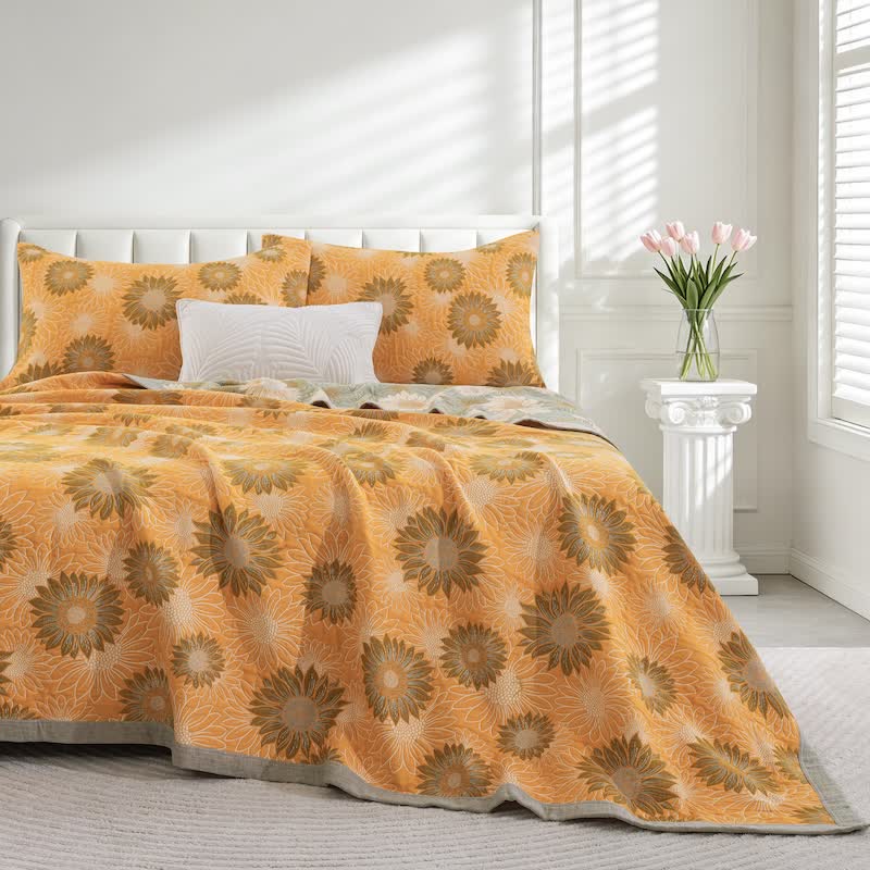 Coperta in garza di cotone con motivo girasoli in stile retrò - Arancia - 90" x 92" - image 0