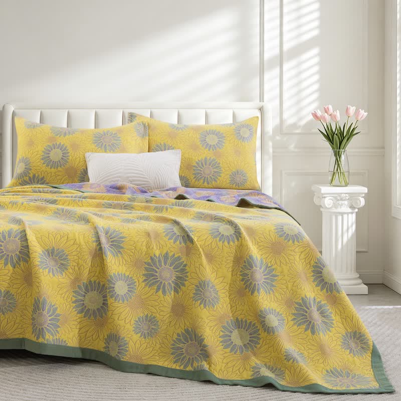 Coperta in garza di cotone con motivo girasoli in stile retrò - Giallo - 90" x 92" - image 10