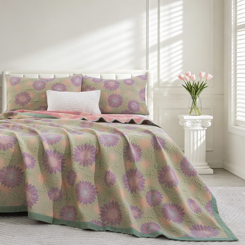 Coperta in garza di cotone con motivo girasoli in stile retrò - Verde - 90" x 92" - image 27