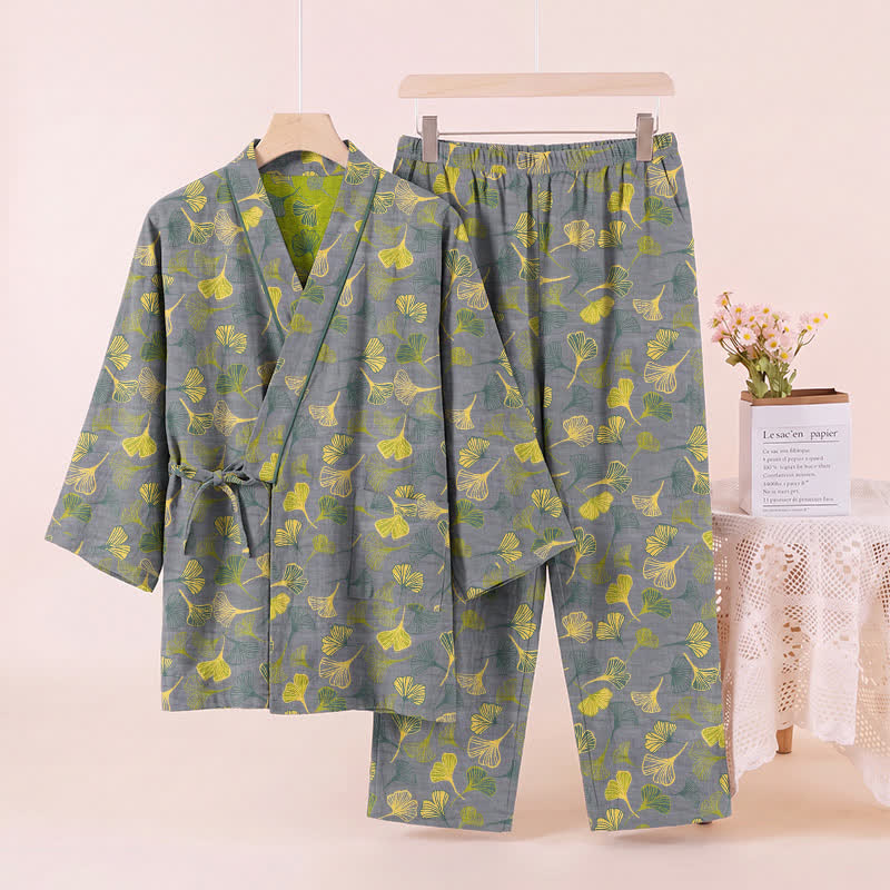 Set pigiama da casa in cotone con kimono a forma di foglia di ginkgo - image 8