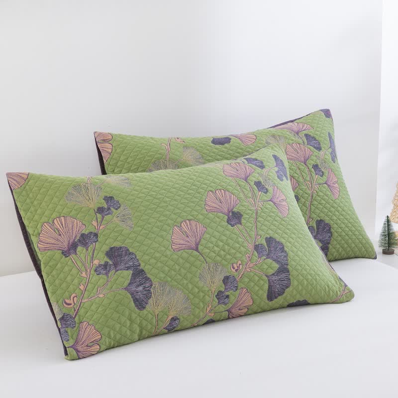 Trapunta artistica in garza di cotone con foglie di ginkgo - Verde - 2 federe - 51cm x 91cm - image 17
