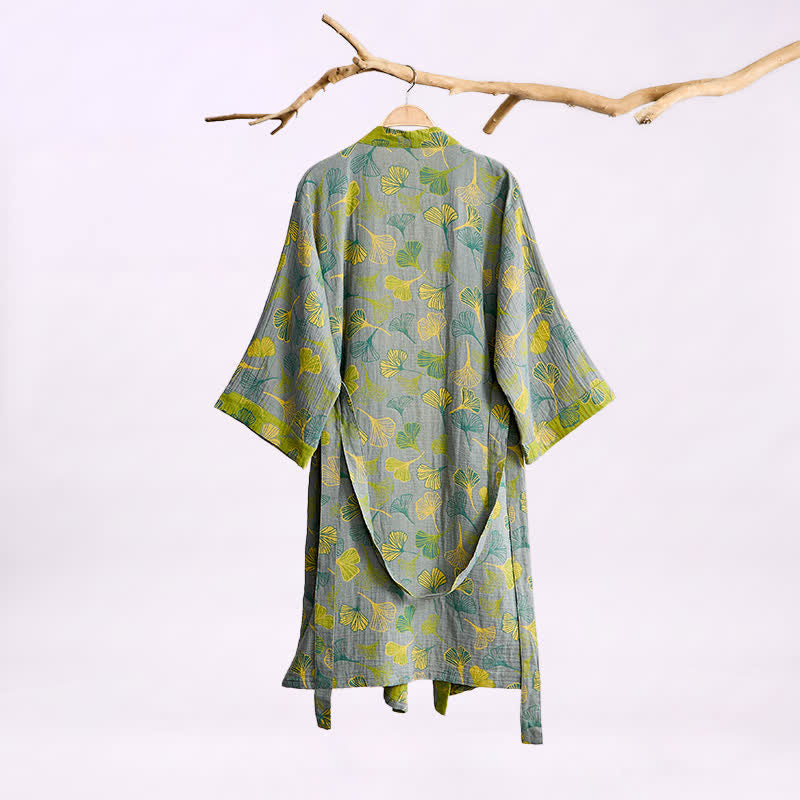 Kimono in cotone con foglie di ginkgo verde-grigio. - image 5