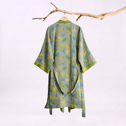 Kimono in cotone con foglie di ginkgo verde-grigio. - image 5