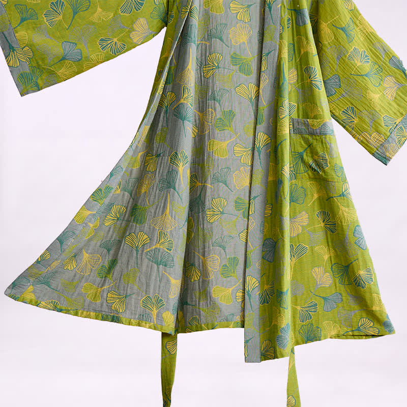 Kimono in cotone con foglie di ginkgo verde-grigio. - image 3