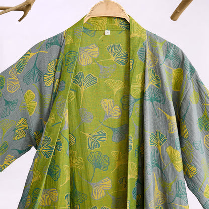 Kimono in cotone con foglie di ginkgo verde-grigio. - image 6