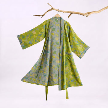 Kimono in cotone con foglie di ginkgo verde-grigio. - Verde - 2XL - image 0