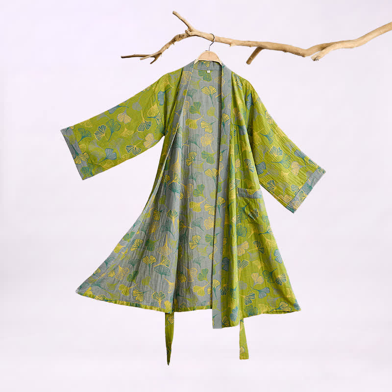 Kimono in cotone con foglie di ginkgo verde-grigio. - Verde - 2XL - image 0
