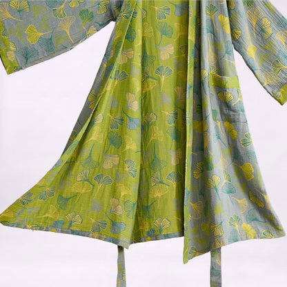 Kimono in cotone con foglie di ginkgo verde-grigio. - image 7