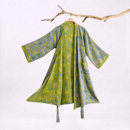 Kimono in cotone con foglie di ginkgo verde-grigio. - Grigio - 2XL - image 4