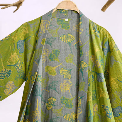 Kimono in cotone con foglie di ginkgo verde-grigio. - image 2