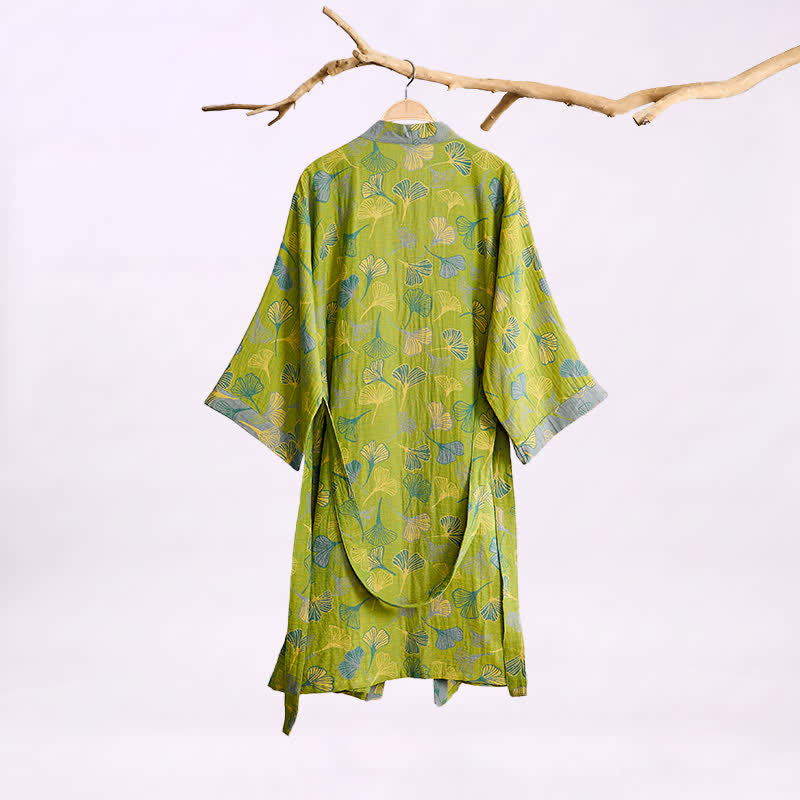 Kimono in cotone con foglie di ginkgo verde-grigio. - image 1