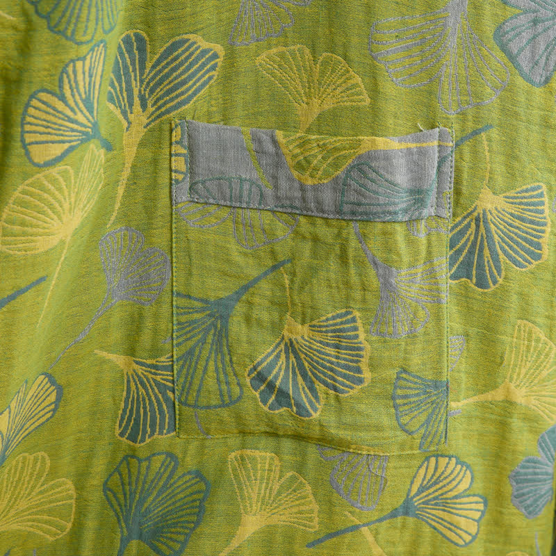 Kimono in cotone con foglie di ginkgo verde-grigio. - image 8