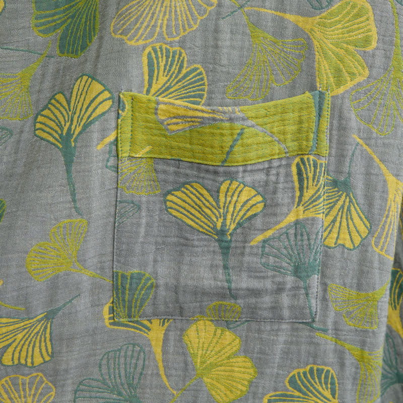 Kimono in cotone con foglie di ginkgo verde-grigio. - image 9