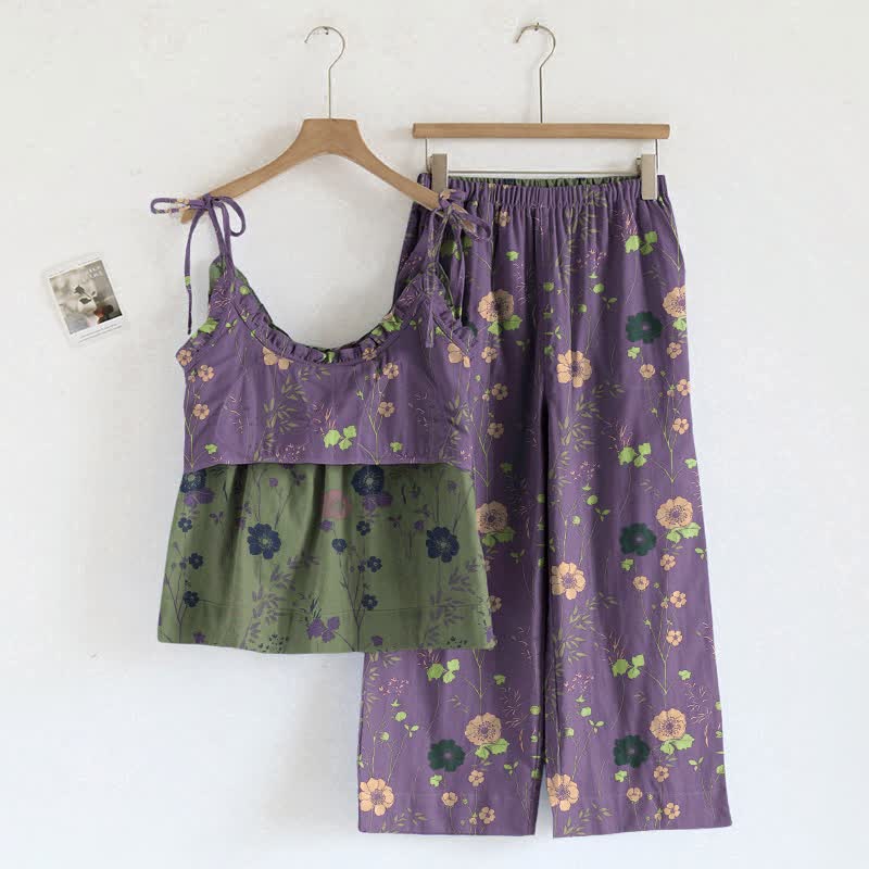 Completo pigiama vintage con canotta e pantaloni a fantasia floreale. - image 4