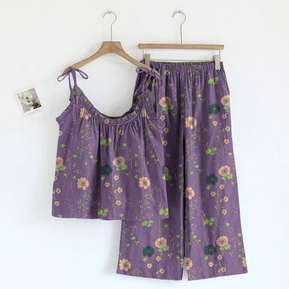 Completo pigiama vintage con canotta e pantaloni a fantasia floreale. - Viola e verde - XL - image 3