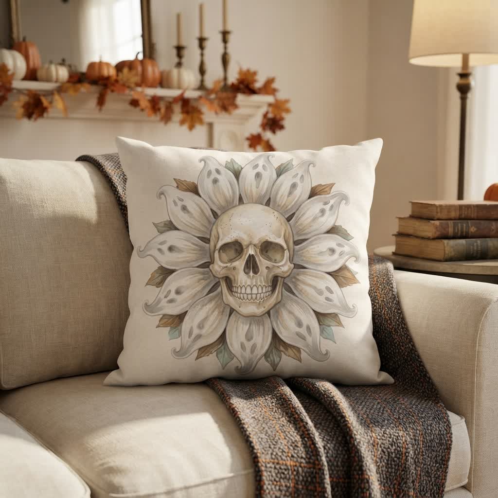 Cuscino decorativo in peluche a forma di teschio e girasole fantasma - Copertina + inserto - 2 pezzi - 45cm x 45cm - image 0