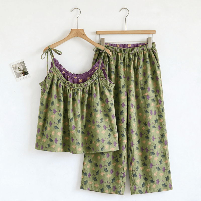 Set pigiama con canotta e foglie di Ginkgo Biloba - Verde e viola - XL - image 10