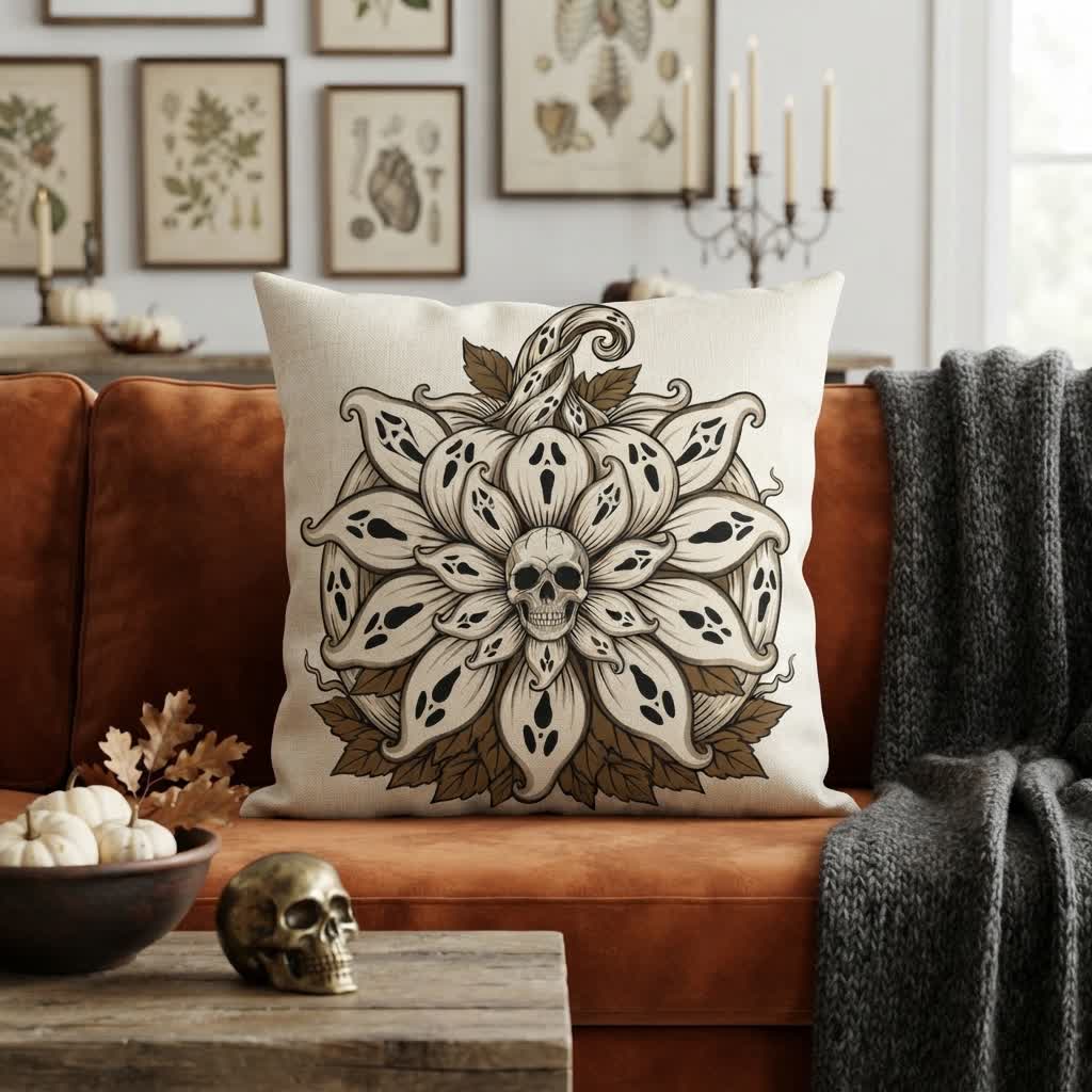 Cuscino decorativo con teschio e mandala di girasole fantasma - image 1