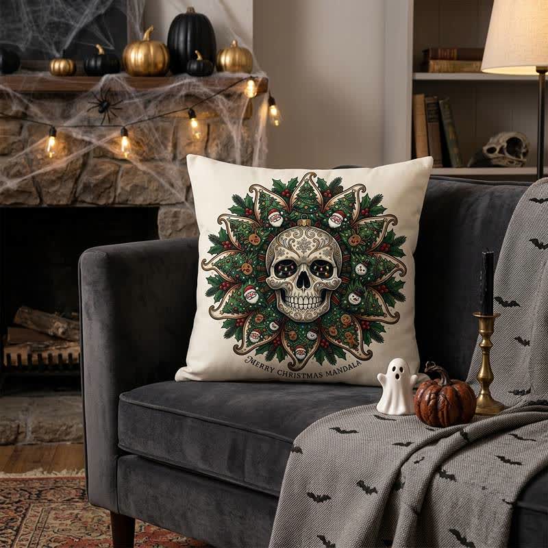 Cuscino decorativo in peluche con teschio natalizio e mandala - image 1
