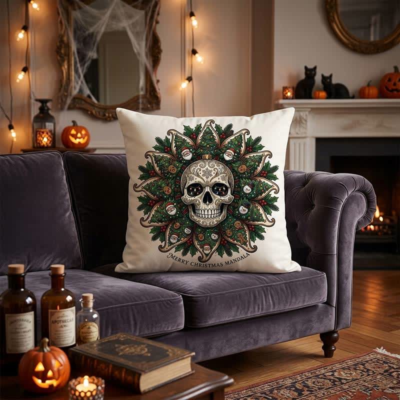 Cuscino decorativo in peluche con teschio natalizio e mandala - image 2