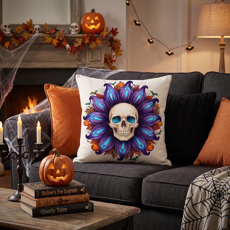 Cuscino decorativo in peluche a forma di teschio e girasole spettrale - image 1