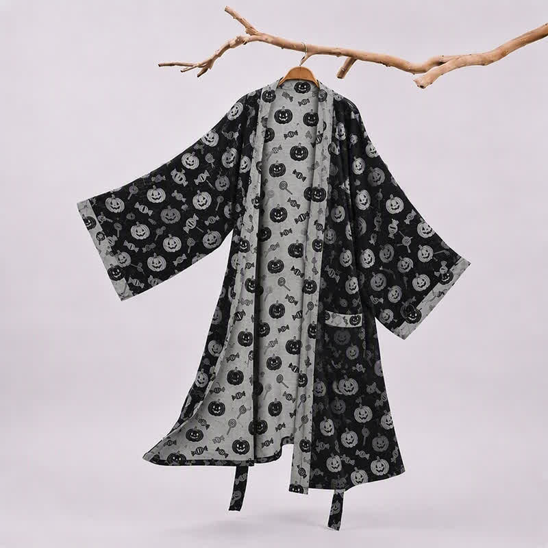 Kimono in cotone con motivo zucca di Halloween e caramelle - Nero - 2XL - image 0
