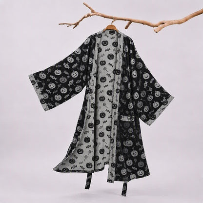 Kimono in cotone con motivo zucca di Halloween e caramelle - Nero - 2XL - image 0