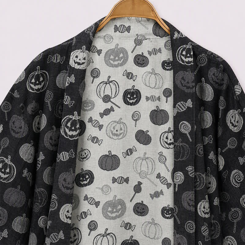 Kimono in cotone con motivo zucca di Halloween e caramelle - image 3