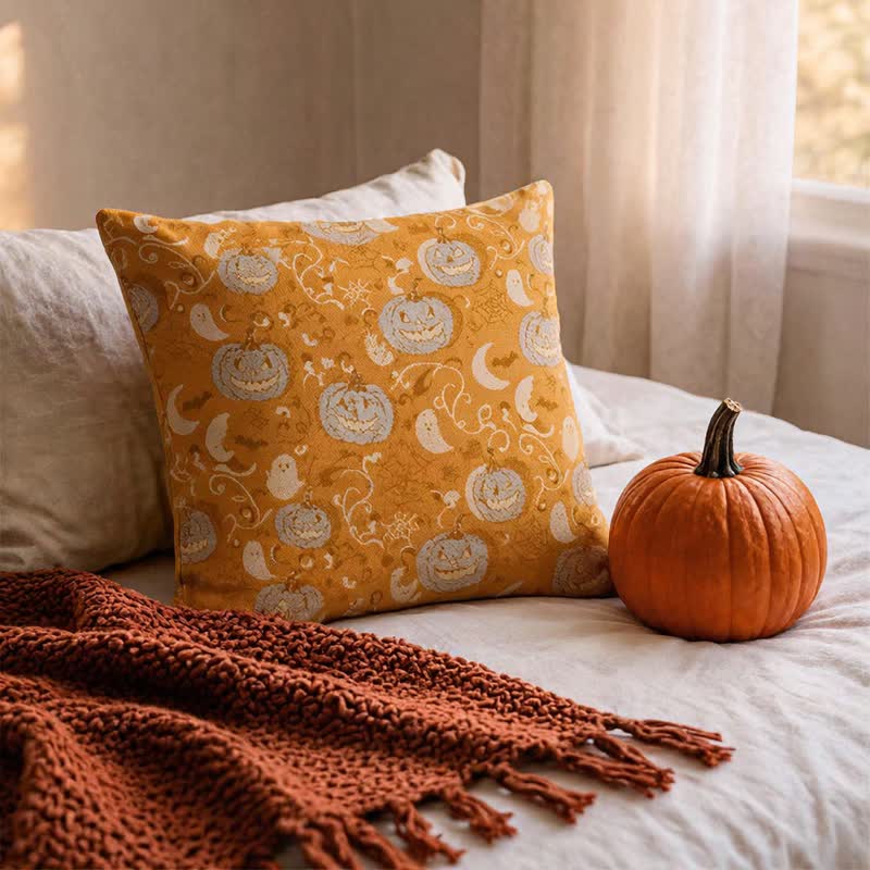 Cuscino decorativo in cotone a forma di zucca arancione con fantasma - image 2