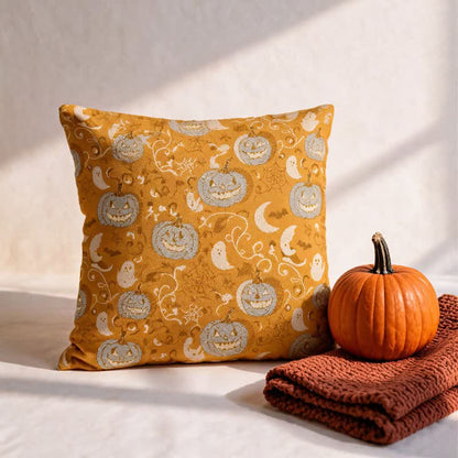 Cuscino decorativo in cotone a forma di zucca arancione con fantasma - image 1