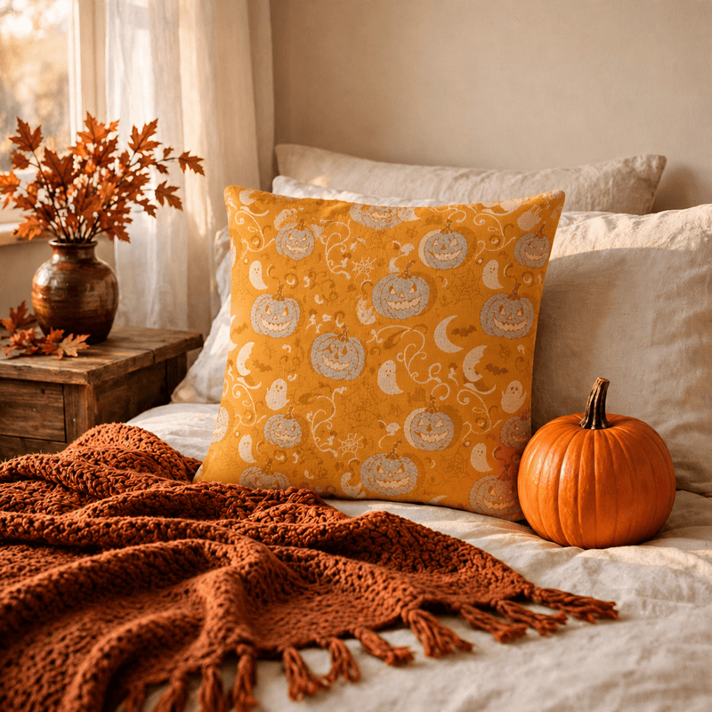 Cuscino decorativo in cotone a forma di zucca arancione con fantasma - Arancia - 45cm x 45cm - Con inserto - image 0