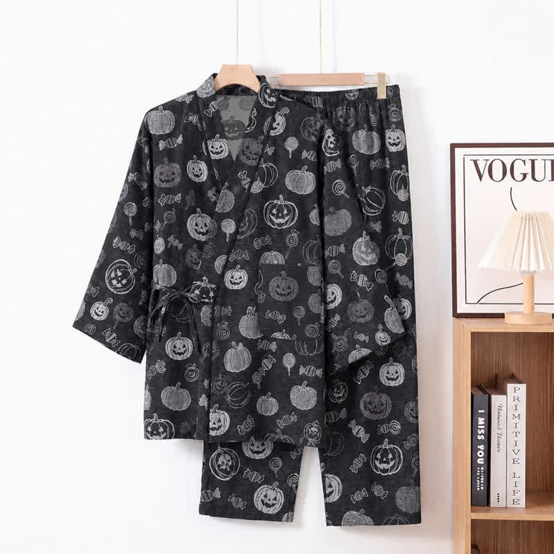 Set pigiama kimono in cotone con stampa zucca e caramelle - Nero - XL - image 1