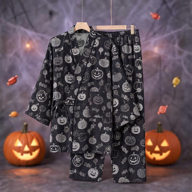 Set pigiama kimono in cotone con stampa zucca e caramelle - image 3
