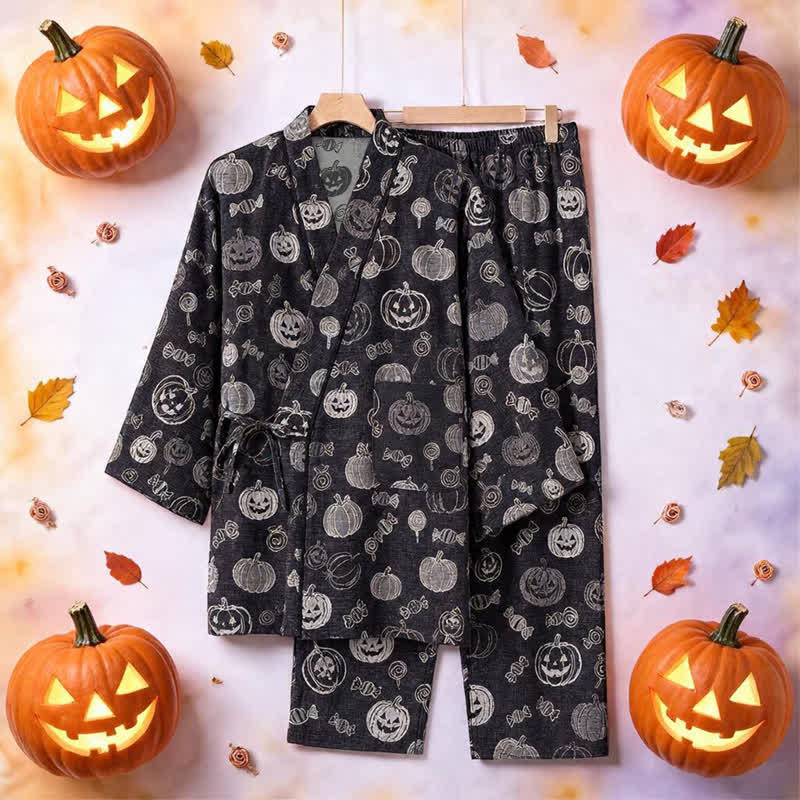 Set pigiama kimono in cotone con stampa zucca e caramelle - image 2
