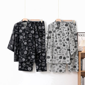Set pigiama kimono in cotone con stampa zucca e caramelle - image 0