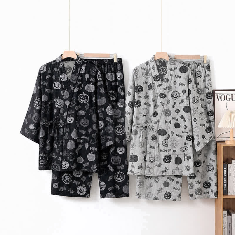 Set pigiama kimono in cotone con stampa zucca e caramelle - image 0