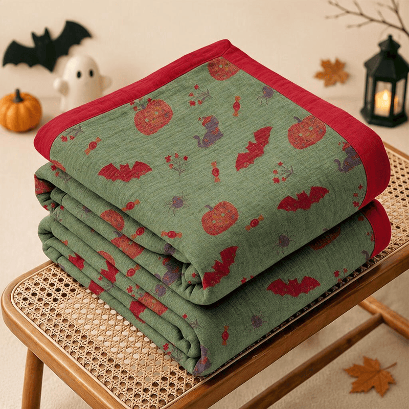 Coperta in cotone con motivo zucca, gatto e ragno di Halloween - Verde - Coperta - 98" x 94" - image 6