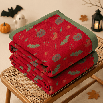 Coperta in cotone con motivo zucca, gatto e ragno di Halloween - Rosso - Coperta - 98" x 94" - image 0