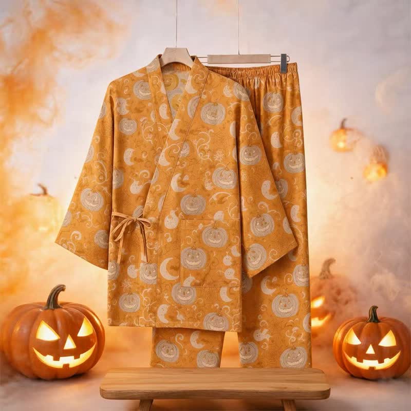Set pigiama kimono in cotone con motivo zucca e fantasma di Halloween - image 2