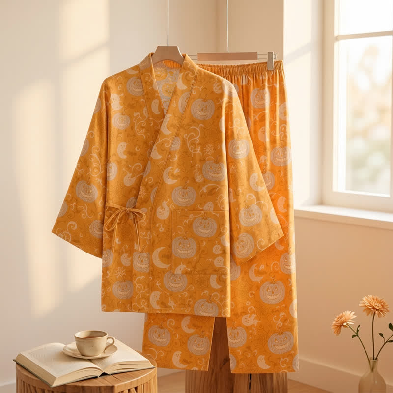 Set pigiama kimono in cotone con motivo zucca e fantasma di Halloween - image 1