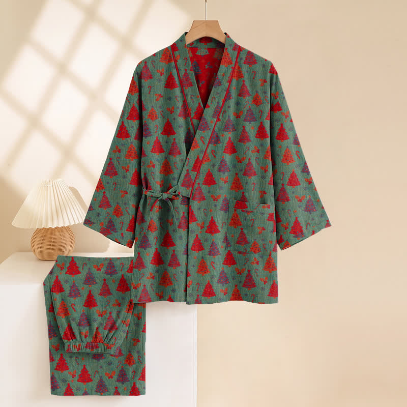 Completo da casa in cotone con kimono e stampa albero di Natale. - image 5