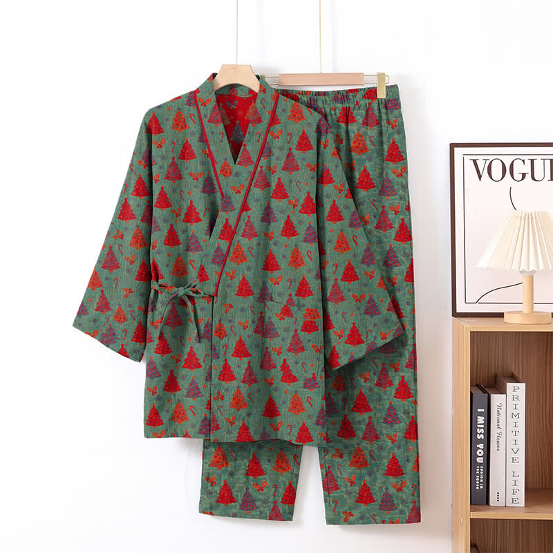 Completo da casa in cotone con kimono e stampa albero di Natale. - image 2