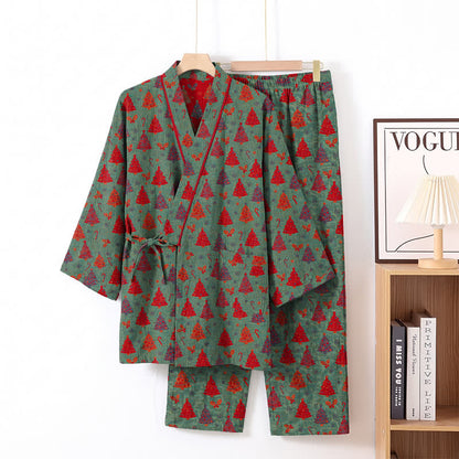 Completo da casa in cotone con kimono e stampa albero di Natale. - image 2