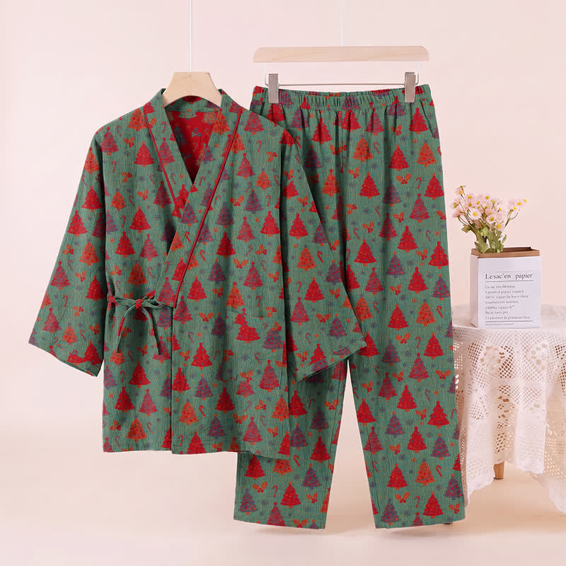 Completo da casa in cotone con kimono e stampa albero di Natale. - image 3