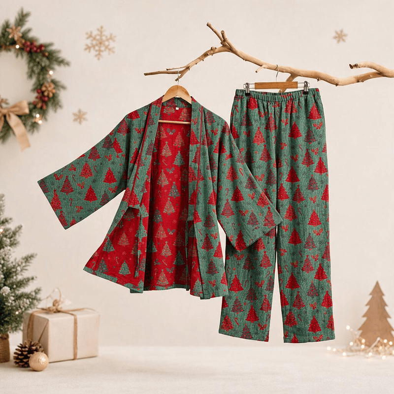 Completo da casa in cotone con kimono e stampa albero di Natale. - Verde - XL - image 1