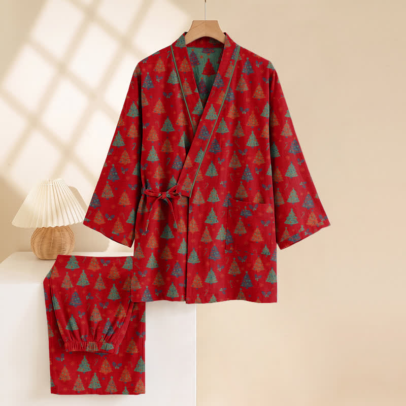 Completo da casa in cotone con kimono e stampa albero di Natale. - image 12